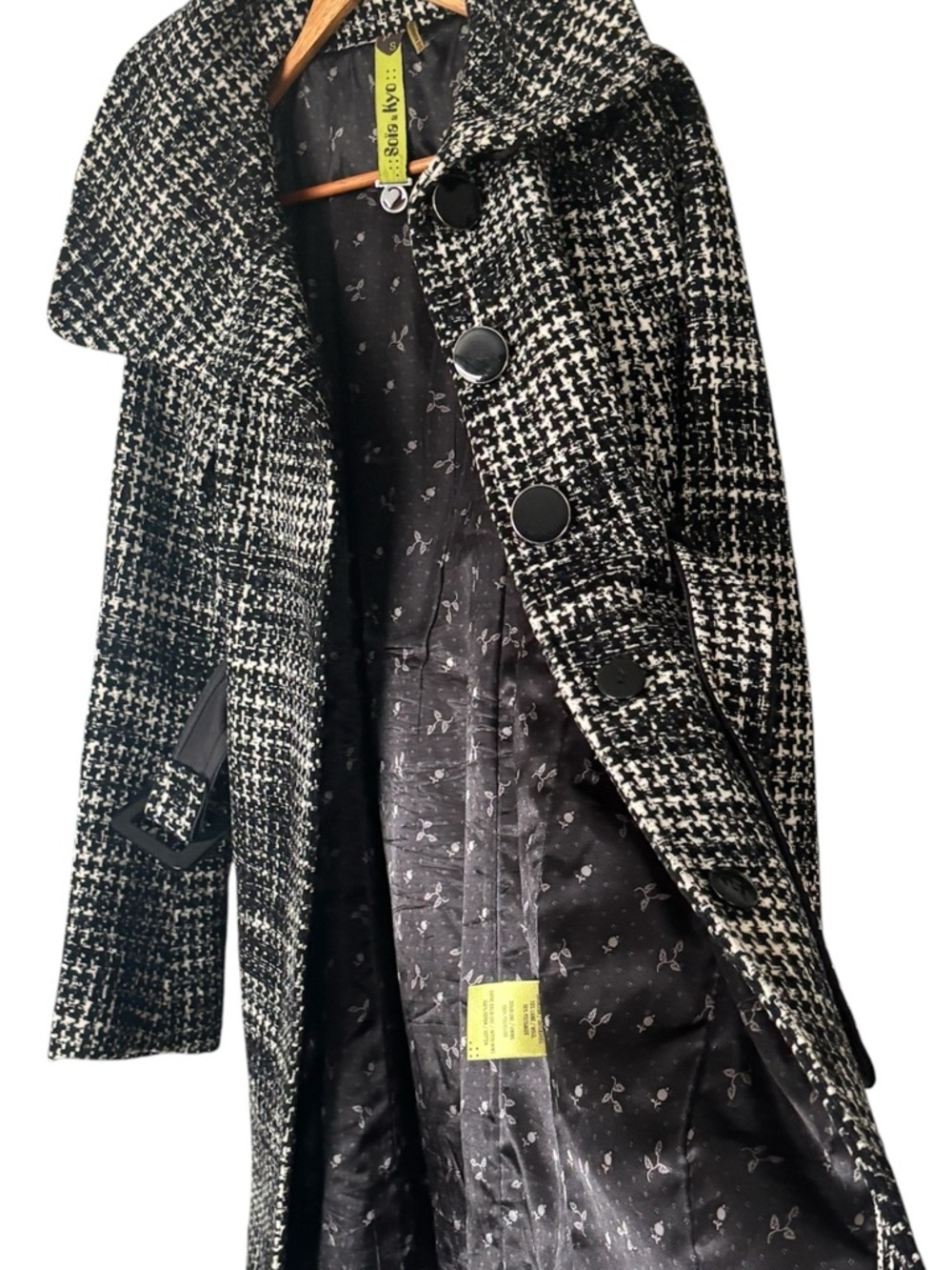 Soia & Kyo Wool Blend Tweed Belted Trench Coat - Black & White Houndstooth Small - Picture 7 of 12